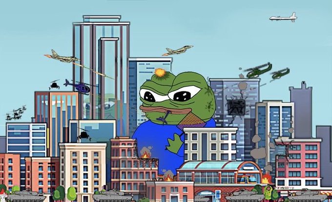 An illustrated scene of a giant Pepe the Frog monster rampaging through a city with tanks, helicopters, fighter jets, and military vehicles attacking it amid burning buildings.
