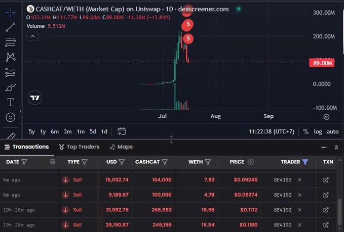 A Dexscreener chart for CASHCAT/WETH showing a dramatic price spike to ~89.00M followed by a crash, with a 1-day time frame showing -14.30M (-13.84%) and multiple sell transactions from trader 'BE4X92' in the transactions table below.
