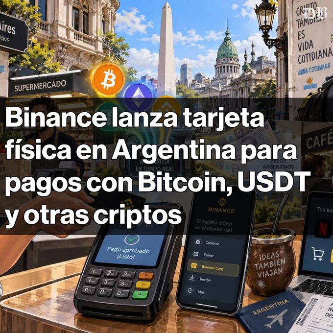 A promotional graphic with the Spanish headline 'Binance lanza tarjeta física en Argentina para pagos con Bitcoin, USDT y otras criptos', showing Binance payment terminals and cards against a backdrop of Buenos Aires landmarks like the Obelisco and Argentine Congress.