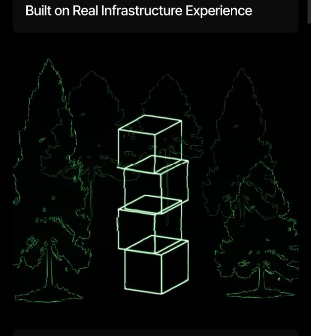The image features a glowing green wireframe of stacked cubes (likely representing a blockchain) set against a dark background of outlined pine trees, with the heading "Built on Real Infrastructure Experience."

This visual supports the post by symbolizing modular, easily deployable blockchain infrastructure designed for solo founders leveraging AI to build and ship products quickly—much like assembling stacked building blocks in an otherwise complex landscape.
