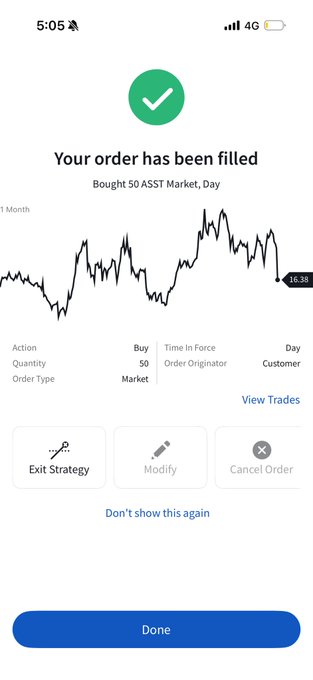 The image shows a screenshot of an iPhone screen displaying a graph with stock prices, indicating that someone has recently bought shares at 50 cents per share for the first time. The text "Your order has been filled" is also visible, suggesting that the purchase was successful and the user's order has been processed.