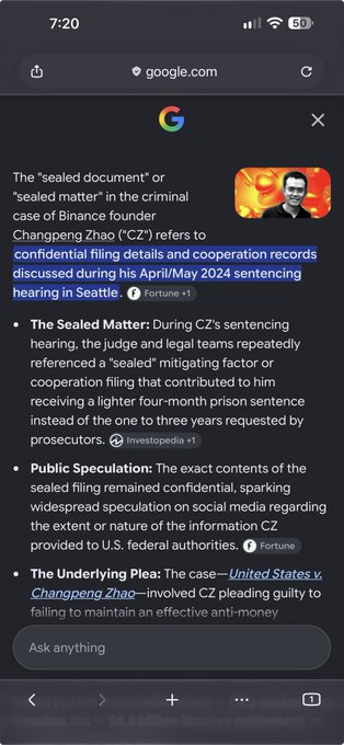 A mobile screenshot of a Google search about the Binance founder case, with highlighted text reading 'confidential filing details and cooperation records discussed during his April/May 2024 sentencing hearing in Seattle.'