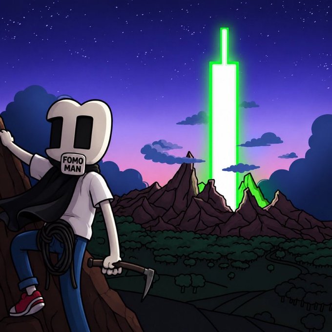 The illustration shows a cartoon character labeled "FOMO MAN" climbing a cliff with a climbing rope and ice axe, gazing at a glowing green tower shooting up from a mountainous landscape under a starry twilight sky, symbolizing the daunting climb (and potential upside) of launching a livestream for the FOMOMAN token on Pump.fun.