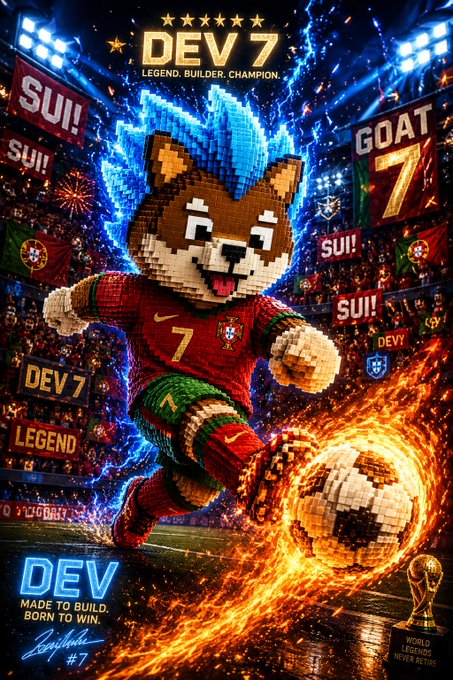 The image features a poster for a soccer game, with a cartoon dog as the main character. The dog is shown kicking a soccer ball across the field while wearing a red jersey with the number 7. The background of the poster includes various logos and text related to soccer, such as "LEAD! Dev7" and "SUN! Sui!".