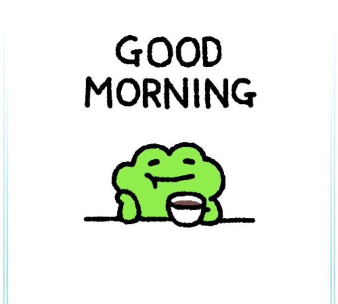 A simple white greeting card featuring a cartoon green blob-like character with drool holding a coffee cup, with 'GOOD MORNING' written in hand-drawn black text above.