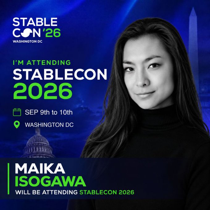 A blue-toned event announcement for 'STABLECON '26 WASHINGTON DC' featuring a black-and-white portrait of attendee 'MAIKA ISOGAWA', with the event scheduled for SEP 9th to 10th.