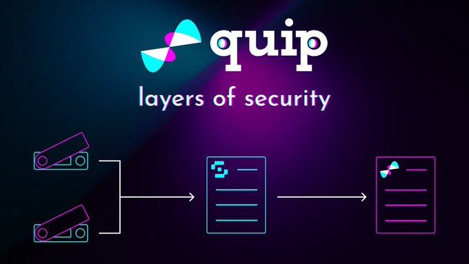A promotional graphic for 'quip' with the tagline 'layers of security', showing a diagram with two security camera icons flowing into a document icon, which then flows into another document icon, set against a dark background with a purple glow.