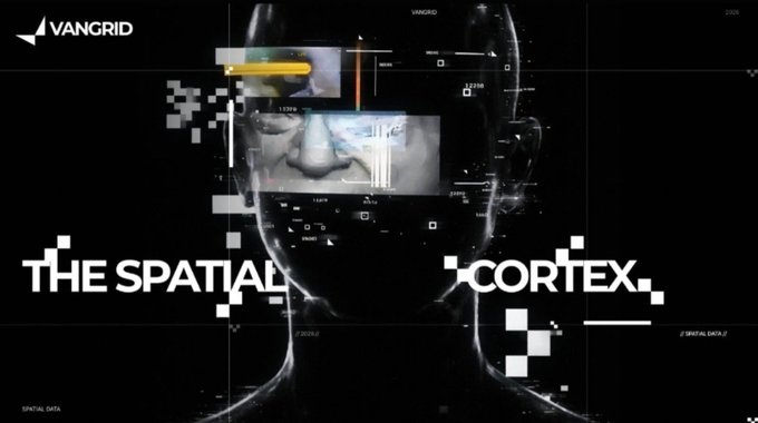 A futuristic digital graphic featuring a stylized face overlaid with data streams, alongside the text "VANGRID" and "THE SPATIAL CORTEX".