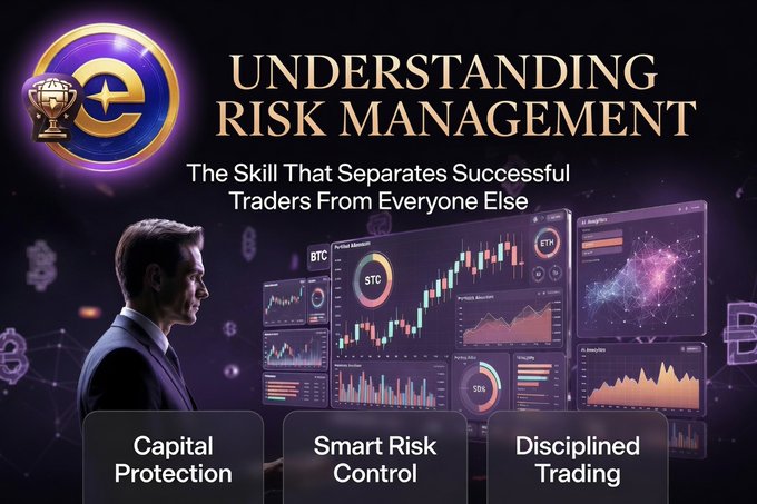 A trader studies multiple screens displaying BTC and other market charts alongside the headline "Understanding Risk Management: The Skill That Separates Successful Traders From Everyone Else," highlighting three pillars: Capital Protection, Smart Risk Control, and Disciplined Trading, reinforcing the post's message that successful trading depends more on managing risk than chasing profits.