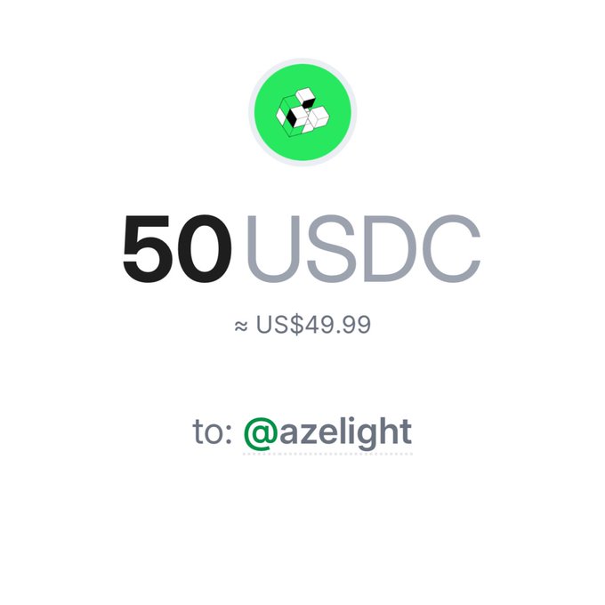 The image shows a white background with black text that reads "50 USDC". The text also includes a green circle with a white square inside, which appears to be a logo or icon related to the USDC currency exchange service. The text is accompanied by an email address in the bottom right corner of the image.