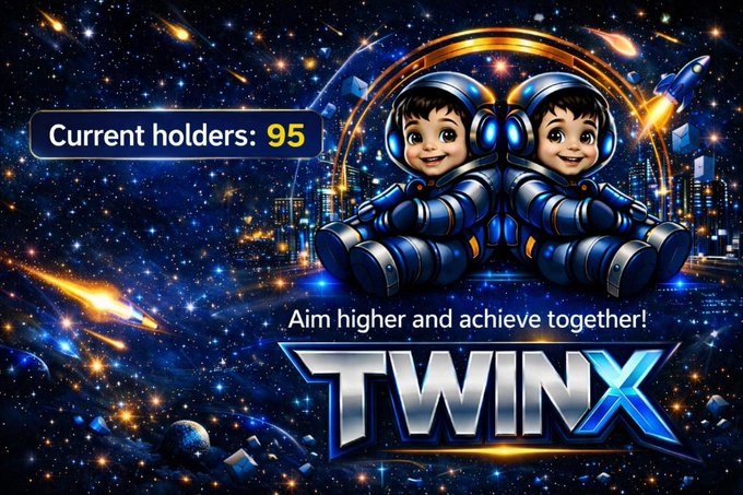 A promotional banner for 'TWINX' featuring cartoon twin astronauts in a cosmic/space setting with cityscape elements, displaying 'Current holders: 95' and the slogan 'Aim higher and achieve together!'.