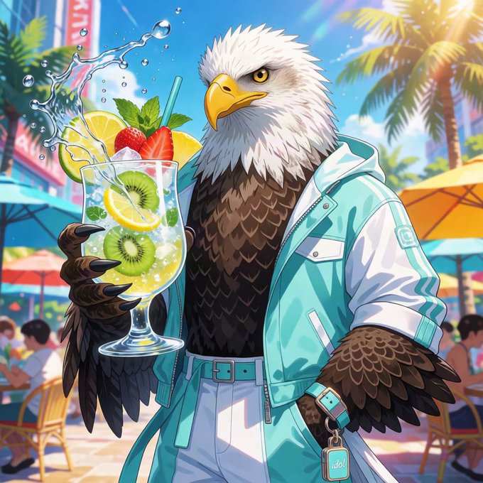 An anime-style anthropomorphic eagle wearing a turquoise and white jacket holds a tropical fruit cocktail garnished with kiwi, lemon, strawberry, and mint at a sunny beachside cafe.
