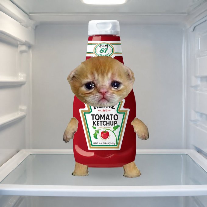 A creative composite image shows a kitten's face and paws on a Heinz 57 Tomato Ketchup bottle, displayed inside a refrigerator.