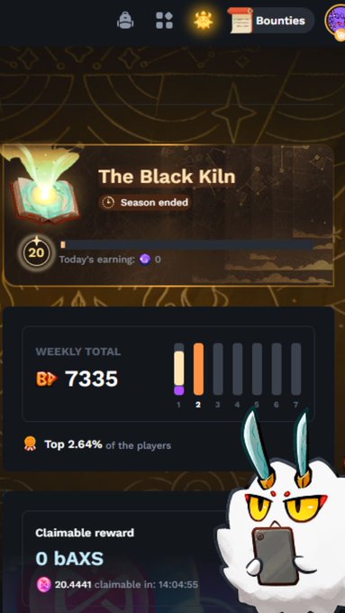 Mobile game screenshot showing 'The Black Kiln' bounty with a season ended status, weekly total of 7,335, top 2.64% ranking, and 0 bAXS claimable reward.