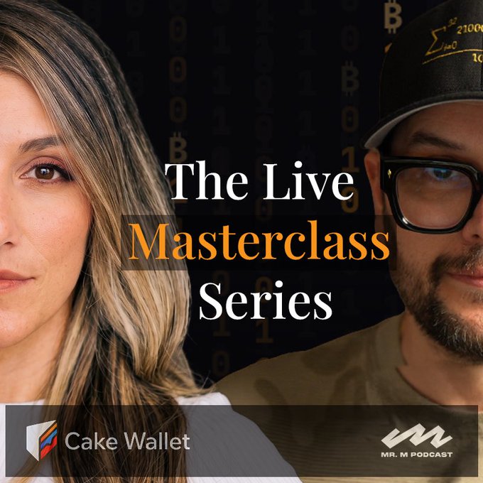 A promotional graphic for "The Live Masterclass Series" featuring a woman and a man in glasses, with "Cake Wallet" and "Mr. M Podcast" logos.