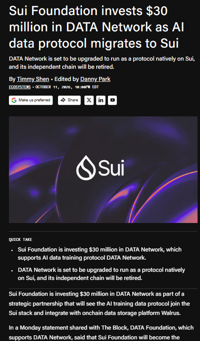 A news article from The Block titled 'Sui Foundation invests $30 million in DATA Network as AI data protocol migrates to Sui,' by Timmy Shen, dated October 11, 2026.