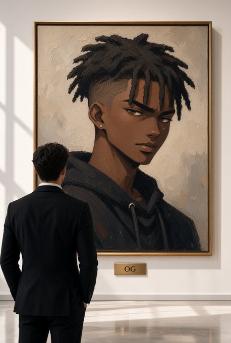 A man in a dark suit viewing a large framed painting of a young man with dreadlocks, with a small plaque reading "OG" beneath it.