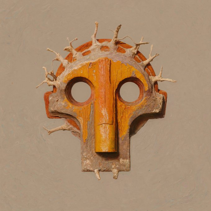 The image features an orange mask with white spikes, which appears to be made out of wood or clay. The mask has a unique design that resembles a skull-like shape, giving it an artistic and intriguing appearance. The mask is displayed against a plain gray background, making it stand out even more. In the corner of the image, there's a caption that reads "One of the best things about cheaper ETH is that you get to buy your favorite art for a lot cheaper." This suggests that the mask might be an interesting or valuable piece of art worth considering as a potential purchase due to its unique design and potentially low cost.