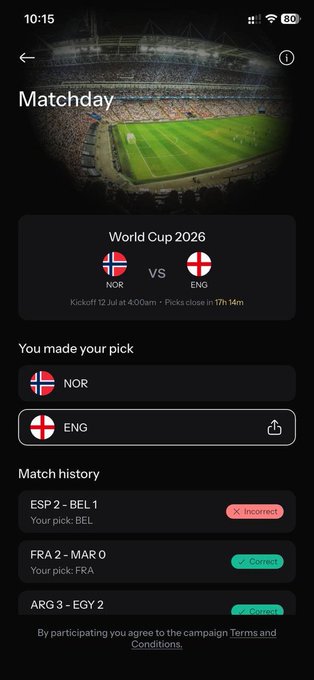 A mobile app screenshot of a "Matchday" sports prediction interface showing a World Cup 2026 match between Norway (NOR) and England (ENG) on July 12, with the user's pick on England and a match history including results like "ESP 2 - BEL 1" and "FRA 2 - MAR 0".
