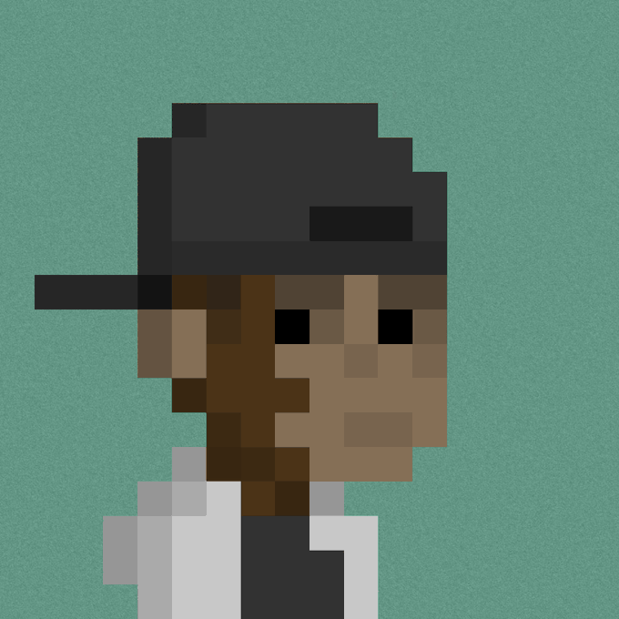 A pixel art portrait of a character wearing a black hat and white shirt against a teal background, likely representing an NFT collectible. The image visually aligns with the post's mention of picking up a new digital collectible that resembles the user's ape.
