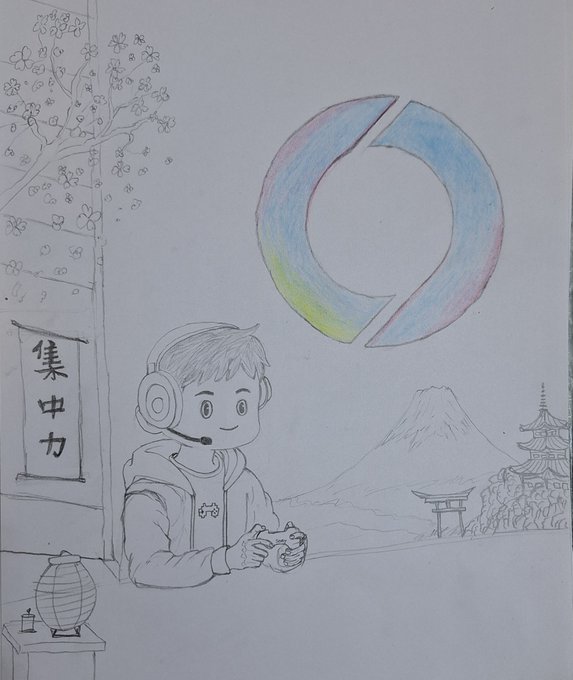 A hand-drawn sketch featuring a boy with headphones holding a game controller, with Japanese characters '集中力' on the left, Mt. Fuji and a pagoda on the right, and a colorful circular logo above.