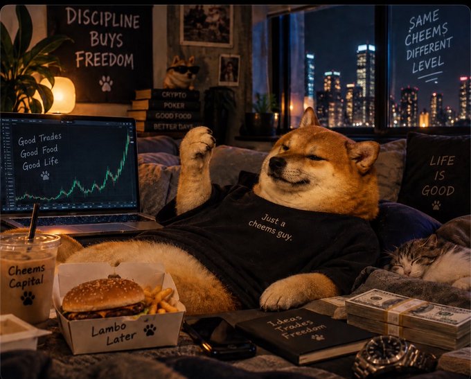 A Shiba Inu dog wearing a black 'Just a cheems guy' shirt lounges on a couch, surrounded by a laptop showing 'Good Trades, Good Food, Good Life,' a 'Lambo Later' burger box, stacks of cash, and motivational signs reading 'Discipline Buys Freedom' and 'Same Cheems Different Level.'