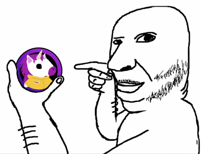 A meme-style illustration of a bald bearded man pointing at a purple circular logo featuring a cartoon character wearing a yellow hoodie with horns.