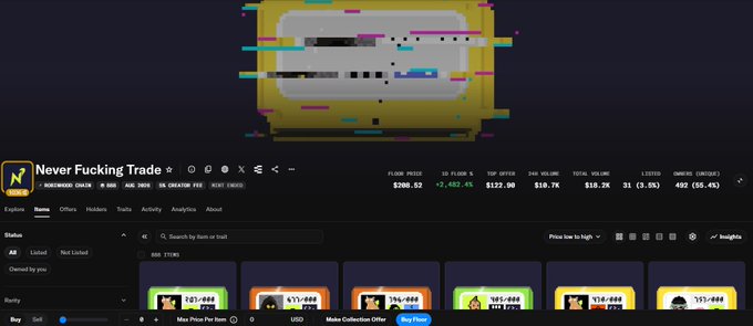 A screenshot of a cryptocurrency trading platform showing a token named "Never Fucking Trade" ($NST), with price data indicating $200.52, +2.42% change, and a list of NFT collectibles for sale at the bottom.