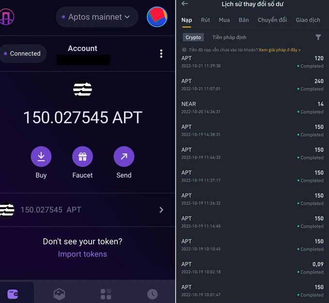 Two screenshots of an Aptos mainnet crypto wallet showing a balance of 150.027545 APT and a transaction history listing multiple completed APT and NEAR deposits.