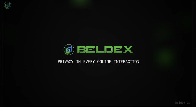 A black screen displays the green logo 'BELDEX' and the tagline 'PRIVACY IN EVERY ONLINE INTERACITON', with beldex.io in the corner.