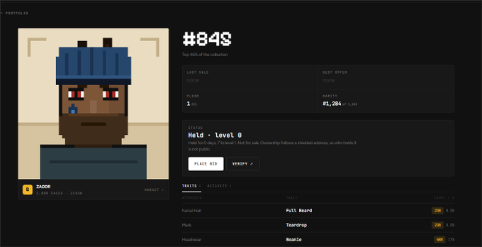 A webpage for a Pixelmon NFT showing a pixelated character labeled 'Held - level 0' (#849) priced at #1,284, with a 'PLACE BID' button and trait details visible.