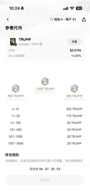 A mobile app screen showing a trading interface for a token named 'TRUMP', with the price at $2.079% and a green '+6.88%' change, alongside a ranking table.