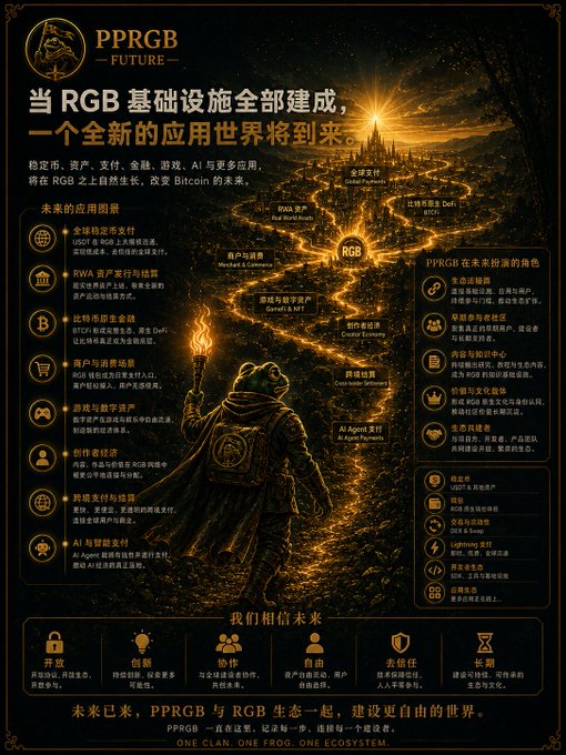 An infographic titled 'PPRGB - FUTURE' illustrating the future vision of RGB infrastructure, featuring a torch-bearing figure on a glowing path leading to a city, with sections on future application scenarios and ecosystem roles.