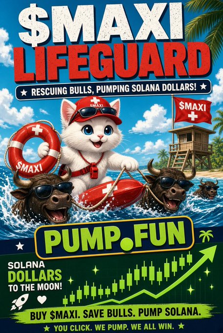 A vibrant crypto promotional poster features '$MAXI LIFEGUARD' with the tagline 'RESCUING BULLS, PUMPING SOLANA DOLLARS!' showing an animated white cat lifeguard rescuing a bull, alongside 'PUMP.FUN' and 'SOLANA DOLLARS TO THE MOON!' messaging with a rising stock chart.