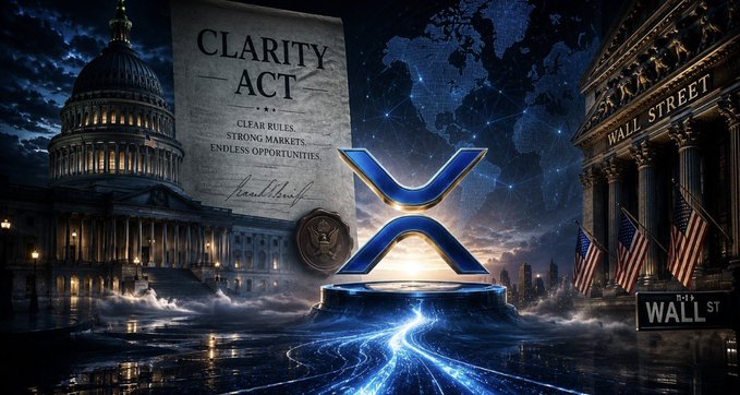 A dramatic promotional image for the 'CLARITY ACT' featuring the U.S. Capitol, Wall Street, American flags, and a large glowing XRP (Ripple) logo centered on a cityscape.