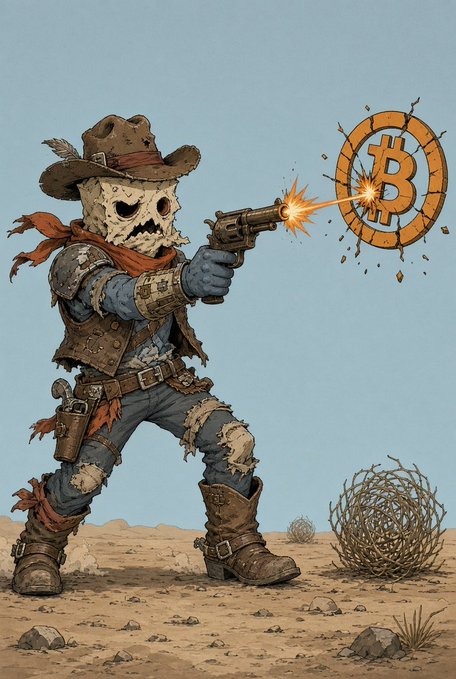 A skeletal gunslinger in tattered cowboy attire fires a revolver at a large Bitcoin (₿) symbol, shattering it in a dusty desert—visually representing the post's playful call for a "duel with #bitcoin."