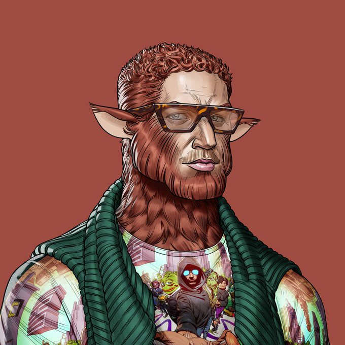 A digital illustration depicting a humanoid character with feline/canine ears and facial features, wearing tortoiseshell glasses, a green vest, and a graphic t-shirt with anime-style characters on a red background.