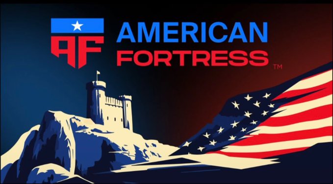The image displays a logo for "AMERICAN FORTRESS" featuring bold red and blue text with "AF" monogram, set against a stylized American flag backdrop with stars and stripes, alongside an illustration of a fortress on a rocky hilltop. The accompanying post discusses FortressName, a privacy-focused Bitcoin wallet feature that keeps the user's name consistent while rotating the receiving address—aligning with the "Fortress" branding's emphasis on secure, shielded financial identity.