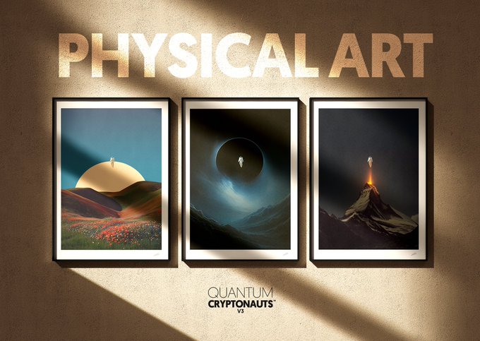 A promotional image displaying 'PHYSICAL ART' by 'QUANTUM CRYPTAUTS V2' with three framed artworks featuring cosmic and landscape scenes.