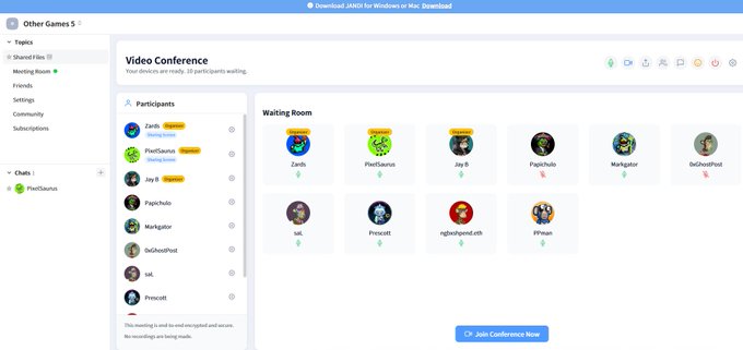 A video conference interface titled "Video Conference" displays a waiting room with 10 participants including Zards, PixelSaurus, Jay B, PapicNolo, WarKaptor, BeGhostPot, bkl., Freesc0t, nghqhdglamdJzb, and PPman, alongside a participants list on the left. The image relates to the post about a hacker impersonating "Pixel" and other celebrities on this platform, with the post noting that honeybd and dinopawnz are notably absent from "OtherGames."