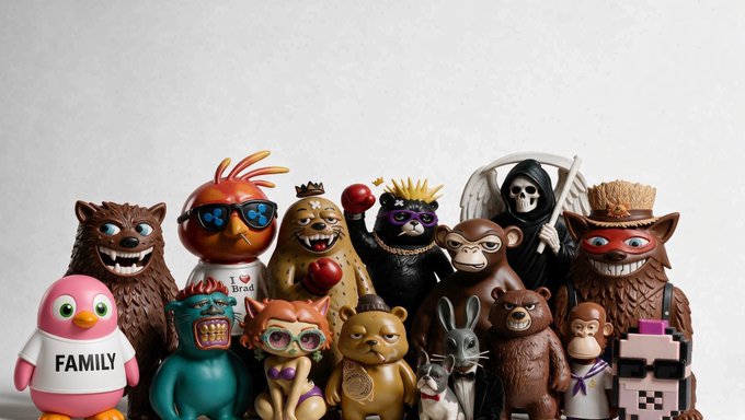 A group photo featuring various colorful cartoon and 3D-rendered characters, including a pink penguin wearing a "FAMILY" shirt, a cherry character in sunglasses, a Grim Reaper figure, and several animals like bears, cats, and monkeys. The post invites members of the "xrpl fam" to comment with their project character if missing from the lineup, suggesting this is a community mascot collage representing different XRPL (XRP Ledger) projects.