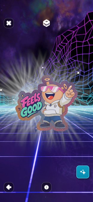 A digital sticker or character called 'FEELS GOOD' depicts a cute bear wearing pink sunglasses and a white hoodie, set against a retro 80s-style grid background with a wireframe pyramid.