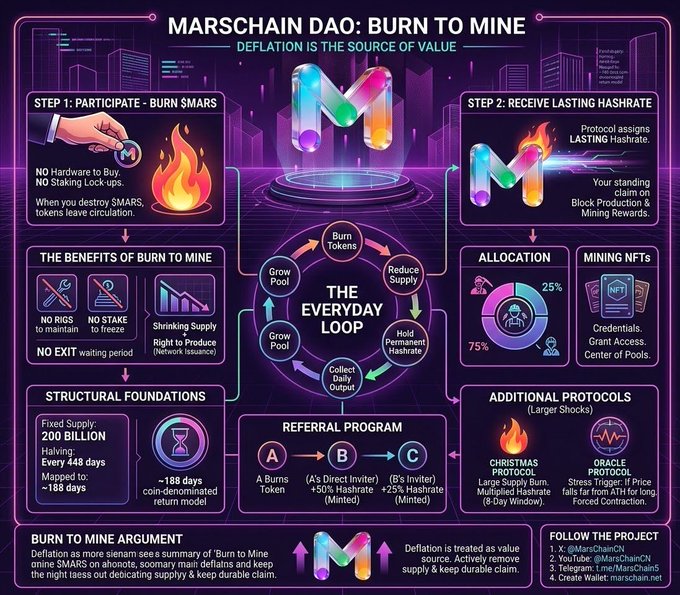 An infographic titled 'MARSCHAIN DAO: BURN TO MINE' explaining a tokenomics model where users burn $MARS tokens to receive lasting hashrate, with steps for participation, allocation, referral programs, and structural foundations.