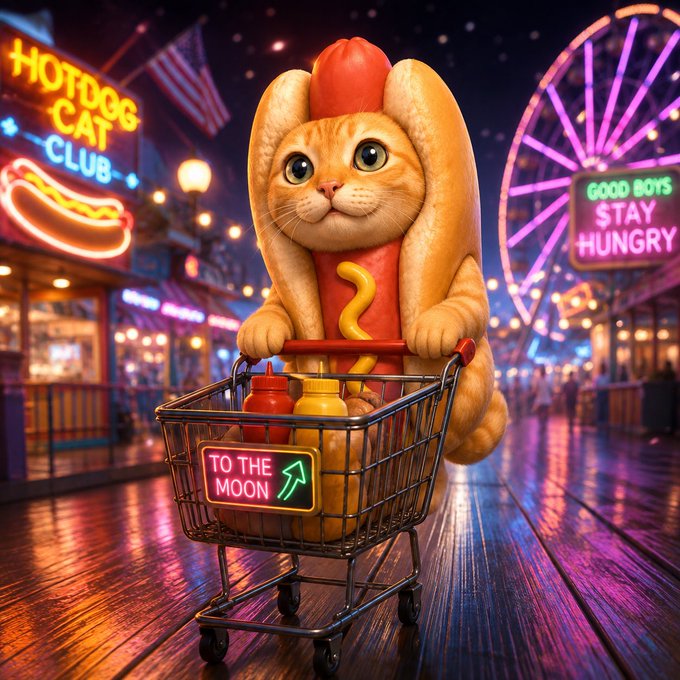 A whimsical digital illustration depicts a cat inside a hotdog bun pushing a shopping cart containing a 'TO THE MOON' sign, set in a neon-lit carnival with a Ferris wheel.