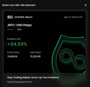 The image shows a screenshot of an app called "Jasper Vault" that is used for trading Bitcoin. The app displays information about the current position, including the number of shares held, the price per share, and the last price at which they were purchased or sold. There are also details about the positions of other investors in the cryptocurrency market.