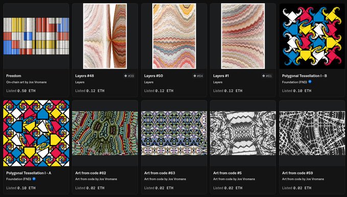 The image displays a grid of 10 NFT artworks from artist Jos Vromans' gallery wallet, featuring pieces titled "Freedom," "Layers #48," "Layers #50," "Layers #1," two "Polygonal Tessellation" Foundation pieces, and several "Art from code" works (#82, #83, #85, #59), with prices ranging from 0.50 ETH down to 0.02 ETH. The listings show the artist's strategy of pricing his two 2021 Foundation pieces and unique Layers works at a premium, while offering multiple "Art from Code" pieces at lower secondary market prices.