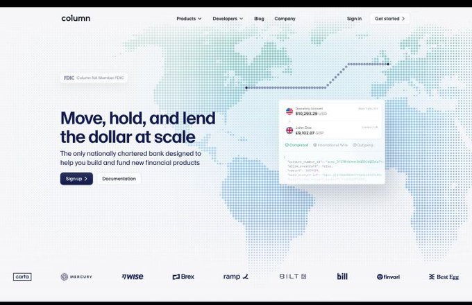 The homepage of Column, a nationally chartered bank, with the headline 'Move, hold, and lend the dollar at scale' over a world map background, featuring partner logos including Mercury, Wise, Brex, Ramp, and Bill.