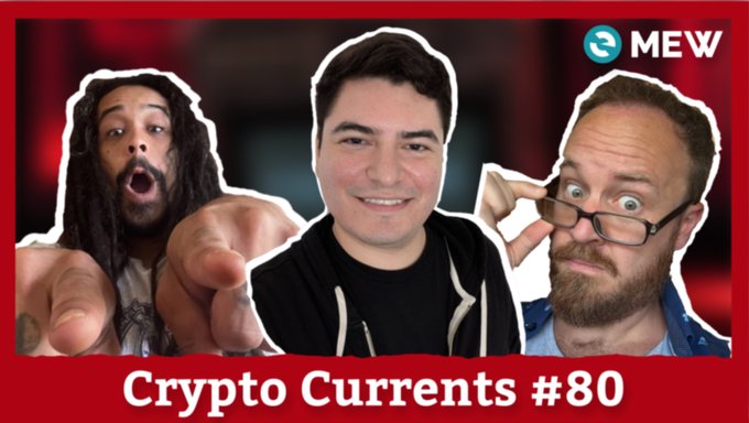 A YouTube thumbnail titled "Crypto Currents #80" featuring three men with expressive faces against a red background, with a "MEW" logo in the top right corner.