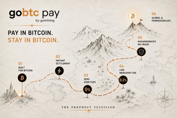 The image is a vintage-style treasure map for "GoBTC Pay by gomining," featuring a winding dashed trail through mountains and seas leading to a Bitcoin-topped peak, with six numbered checkpoints highlighting key features: "01 BUILT FOR BITCOIN," "02 INSTANT SETTLEMENT," "03 ZERO USER FEES 0%," "04 LOW MERCHANT FEE 0.2%," "05 NO CHARGEBACKS NO FRAUD," and "06 GLOBAL & PERMISSIONLESS." Headlined with "PAY IN BITCOIN. STAY IN BITCOIN." and tagged "THE PROPHECY FULFILLED," the map visually echoes the post's metaphor of a long-overlooked trail finally leading merchants to spend Bitcoin without having to convert or surrender it.