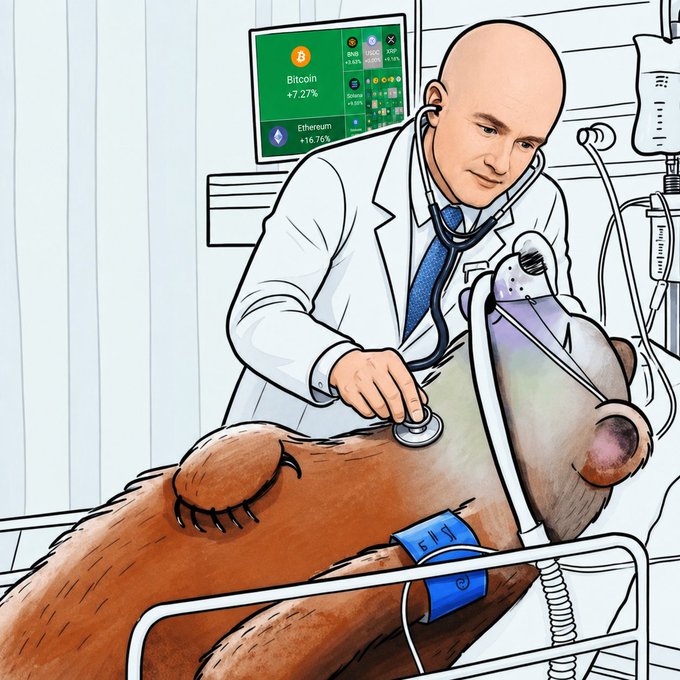 The cartoon depicts a bald veterinarian in a white coat listening to the chest of a sedated bear lying on a hospital gurney with an oxygen mask, while a monitor above displays cryptocurrency prices including Bitcoin at +7.27%, Ethereum at +16.76%, and others with mixed gains and losses. The post "please check on your local bear" humorously plays on the phrase "bear market," suggesting the bearish crypto market has the bear itself in critical condition.